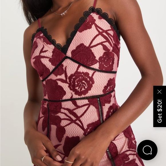 Alluring Dream Burgundy Floral Mesh Lace Trumpet Midi Dress - Picture 3 of 4